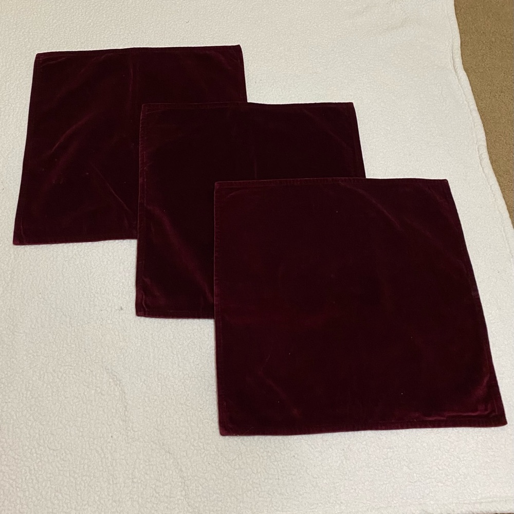 Pottery barn 3 pillow covers dark wine color, 20 x 20 velvet type fabric
